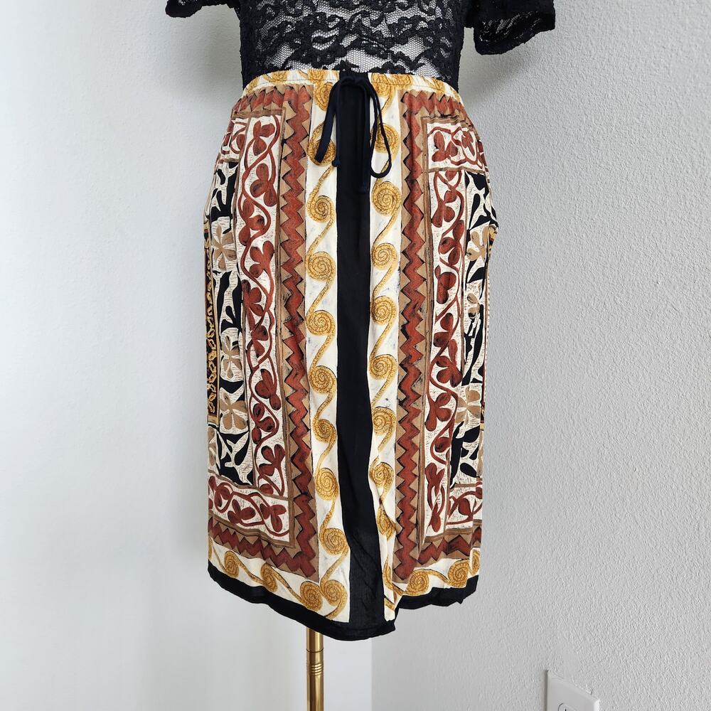 Vintage 90s Scarf Print Skirt Boho Maximalist Pull On Knee Length Fall L/XL